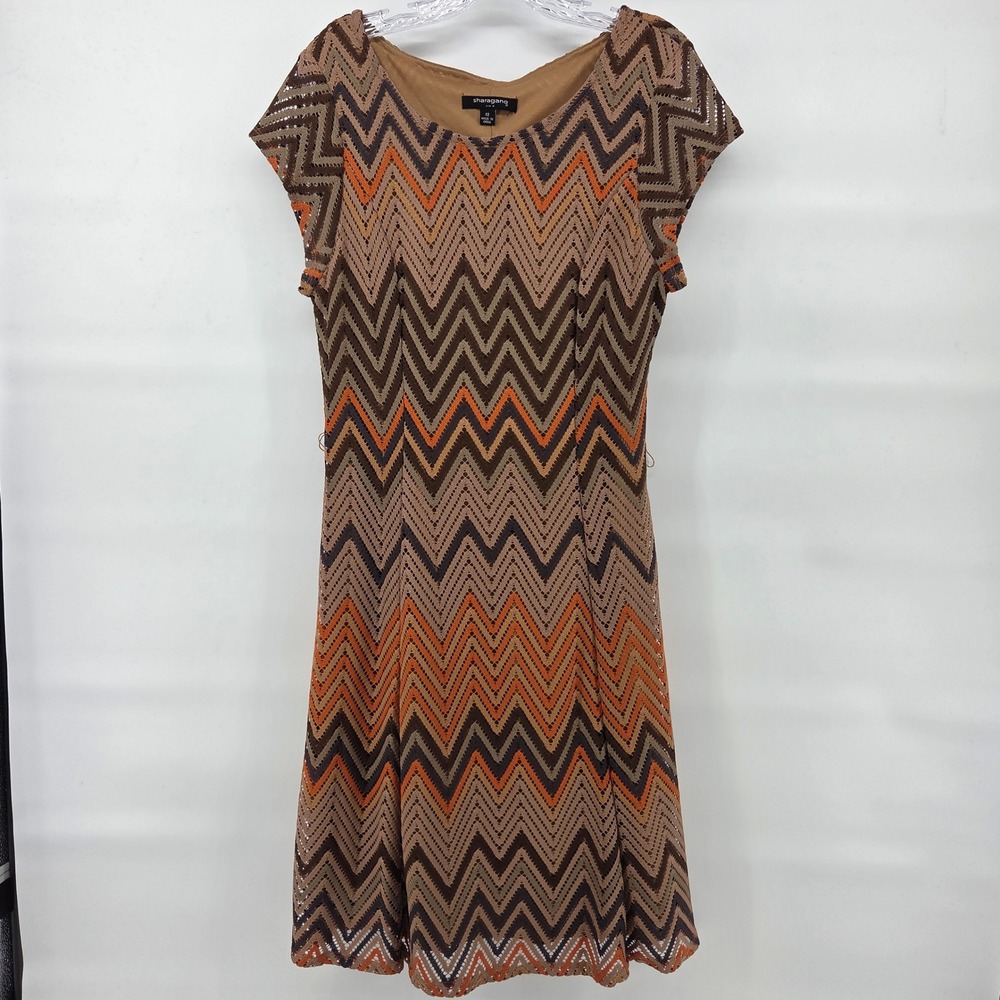 Sharagano‎ Dress 12 Brown Orange Retro Chevron Boho Western